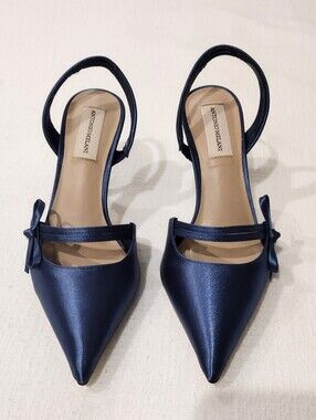 ANTONIO MELANI 7.5 M Navy Satin Pointed Slingback Flats with Bow